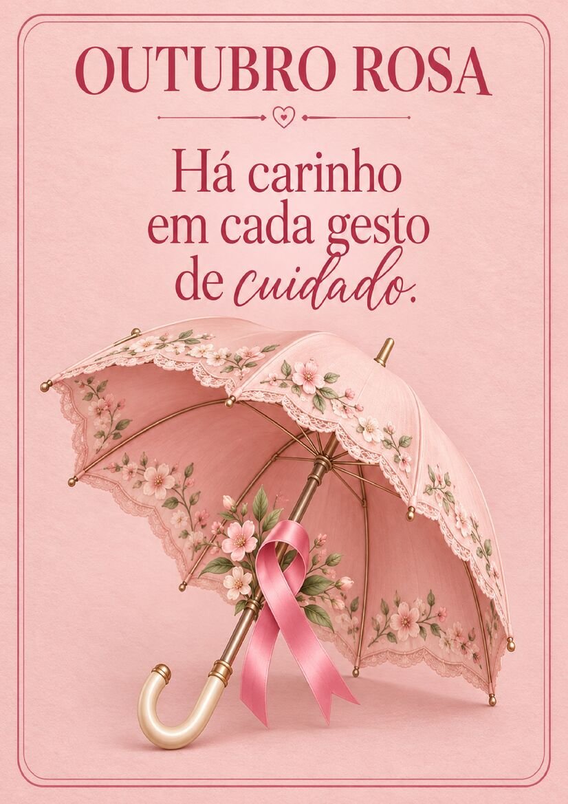 Imagem Outubro Rosa com sombrinha rosa florida, detalhes de renda e fita de conscientização